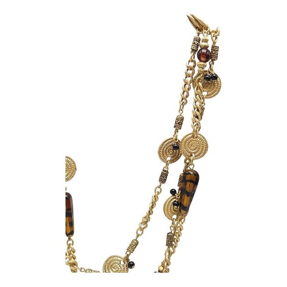 Triple Strand Tiger's Eye Spiral Disc Station Chain Necklace Gold Tone High End - Picture 3 of 5